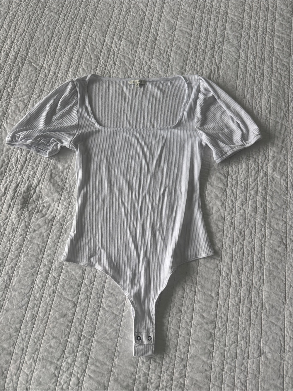 Z Supply Ribbed Square Neck White Bodysuit with Puff Sleeves